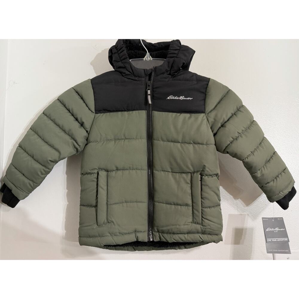 NEW Eddie Bauer Puffer Coat Kids 2T Beetle Green Black Hooded Sherpa Lined